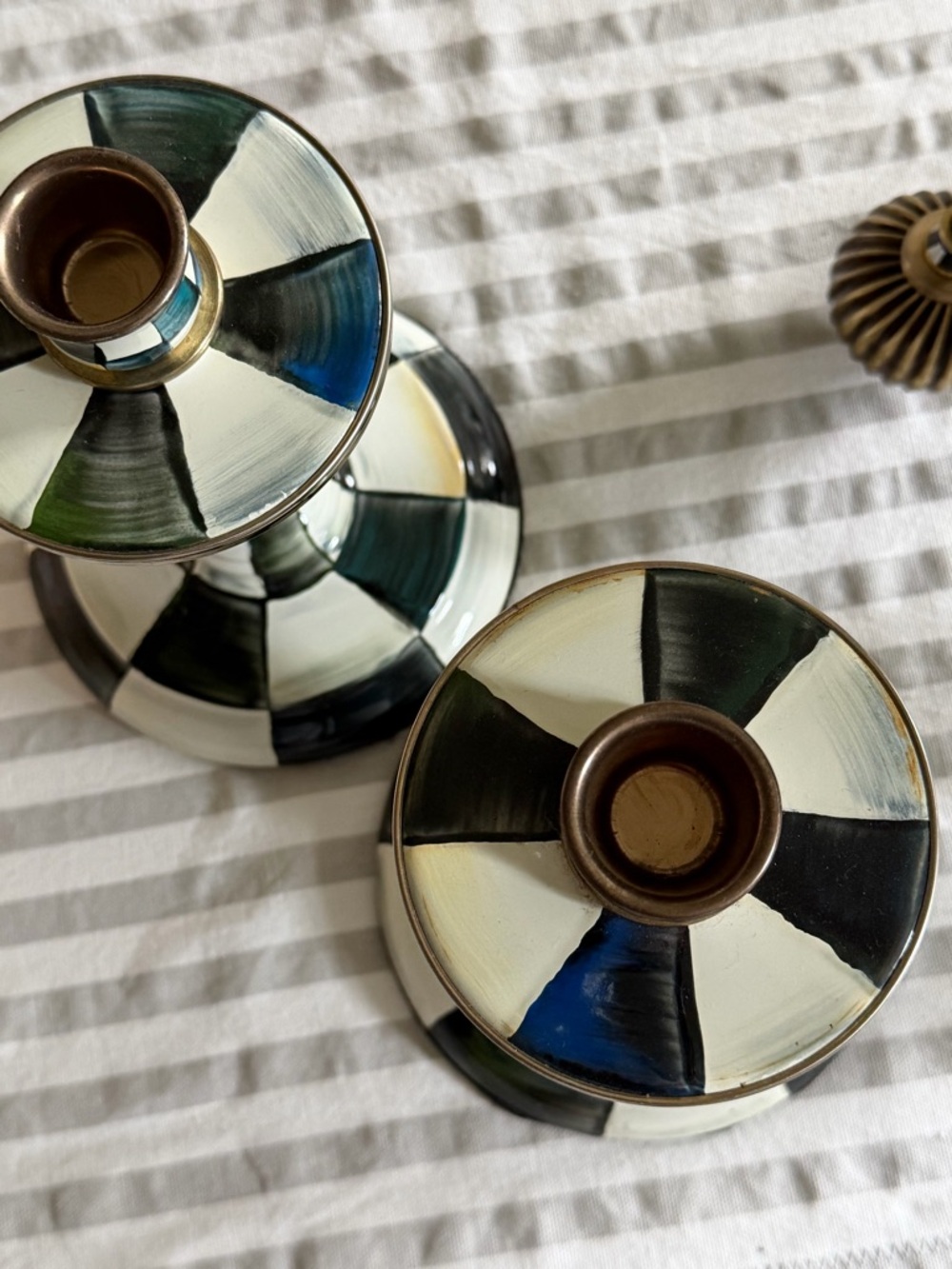 Mackenzie Childs Enamel Candlesticks Courtly Check Black and White 8 inches - Picture 3 of 6